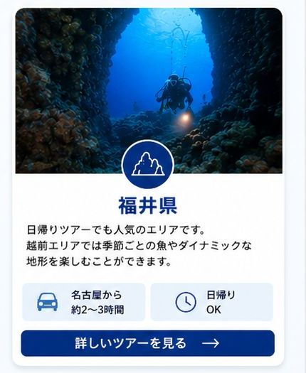  日帰りツアーでも人気のエリアです。 越前、冠島エリアでは季節ごとの魚やダイナミックな地形を楽しむことができ、夏の透明度は非常にきれい。