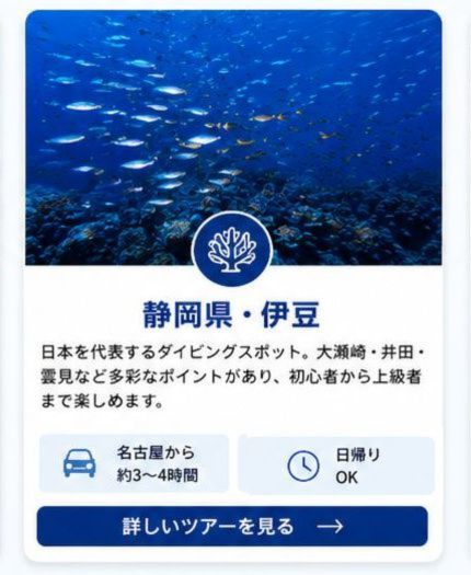 日本を代表するダイビングスポット。
大瀬崎・井田・雲見など多彩なポイントがあり、初心者から上級者まで楽しめます。