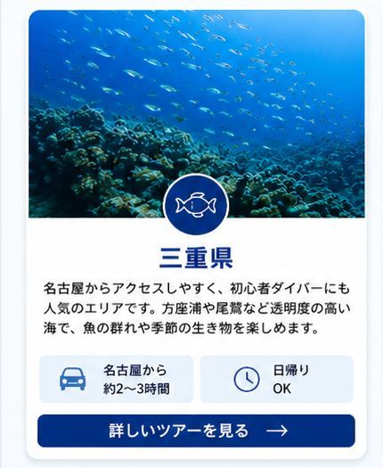 名古屋からアクセスしやすく、初心者ダイバーにも人気のエリアです。 
方座浦や尾鷲など透明度の高い海で、魚の群れや季節の生き物を楽しめます。