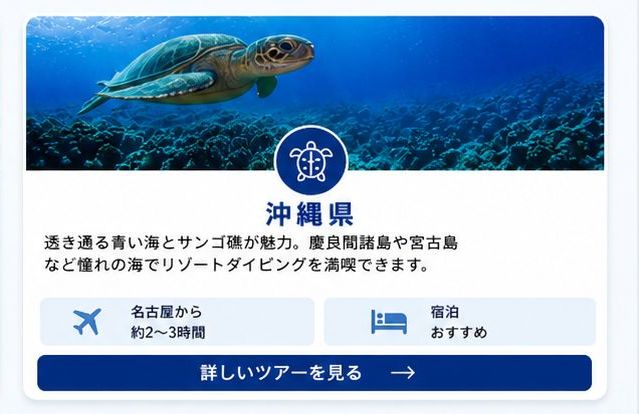 透き通る青い海とサンゴ礁が魅力。 慶良間諸島や宮古島、石垣など憧れの海でリゾートダイビングを満喫できます。