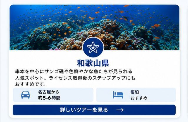 串本を中心にサンゴ礁や色鮮やかな魚たちが見られる人気スポット 白浜の沈船もおすすめです。
